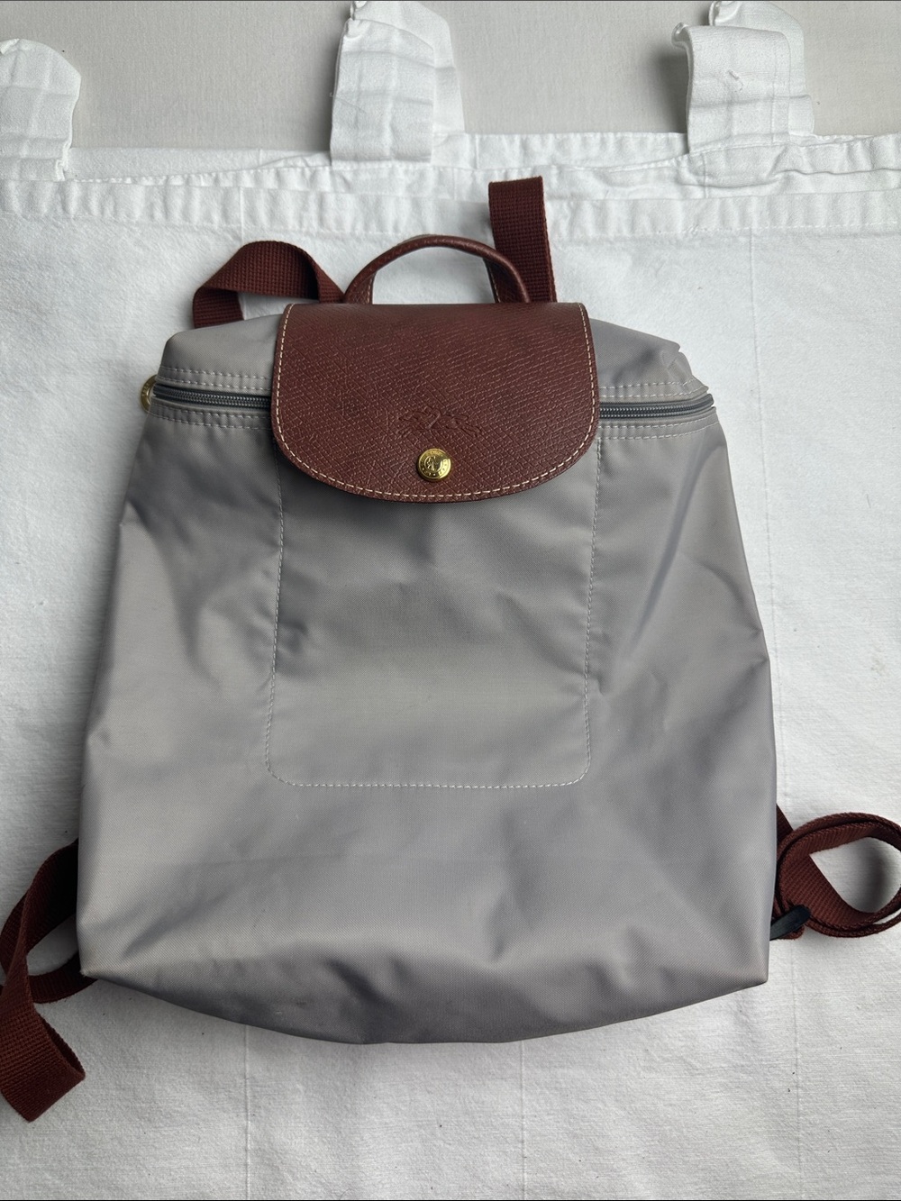 Longchamp Gray Nylon Backpack with Brown Leather Flap